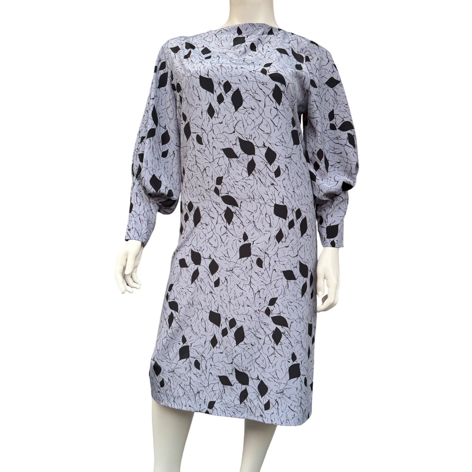 Murray Meisner Vintage Shift Dress Midi Balloon Sleeve Blue Black Leaf Print 14