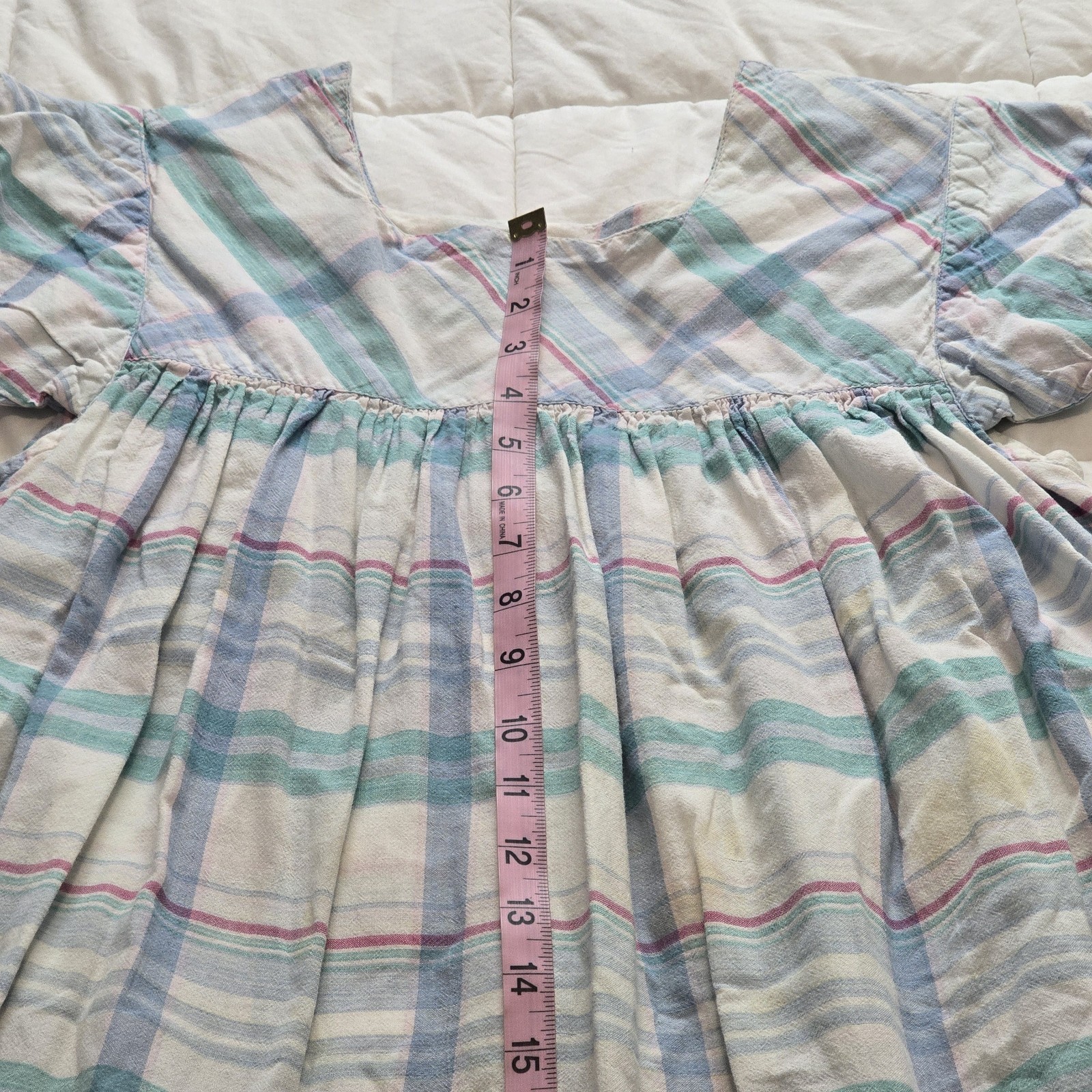 VTG Heavy Distress Chambeli Sz M Plaid Prarie Muumuu House Dress Pockets
