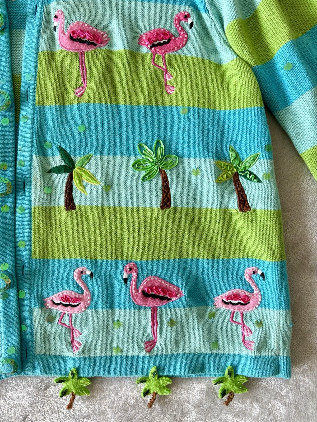 Jack B Quick VTG Sweater Flamingo Palm Trees Embroidery Large Ugly Sweater Party