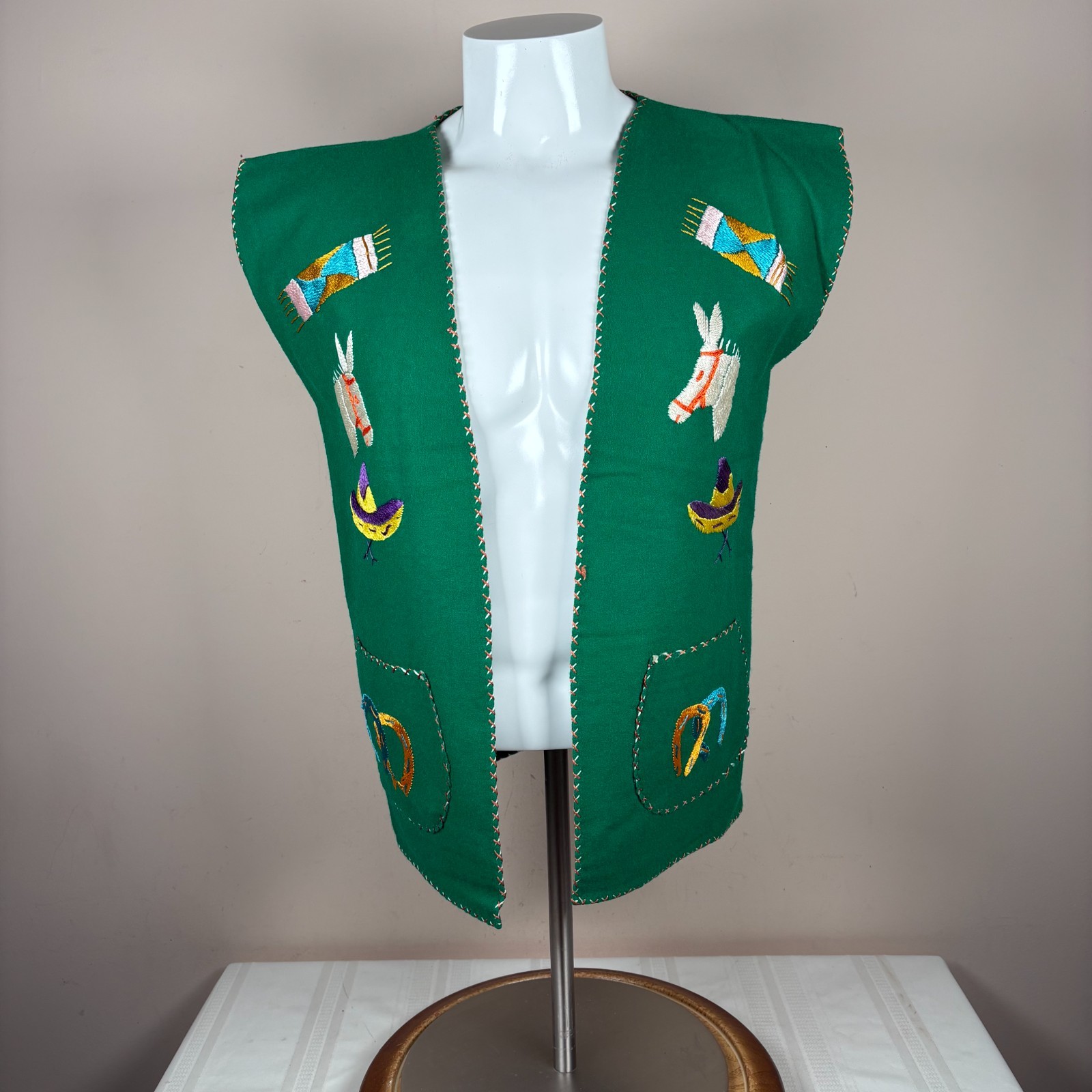 Vintage 1940’s Mexican Embroidered Wool Vest Medium Sombrero Donkey