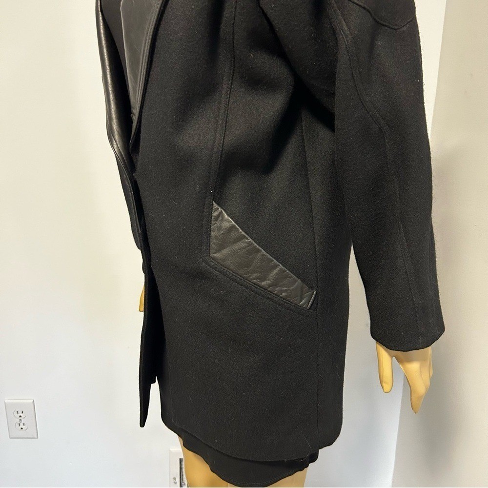David Benjamin Collection Black Wool Leather Trim Soutache Shoulder Coat Large