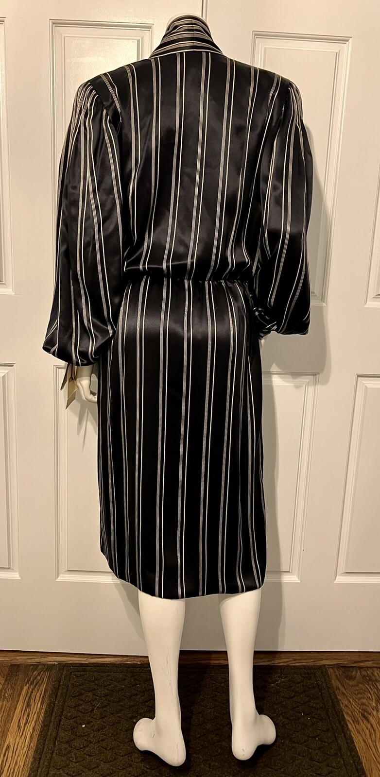 NEW Vintage 1980s Pauline Trigeré Pinstripe 100% Silk Black Gold Dress Sz 12 L