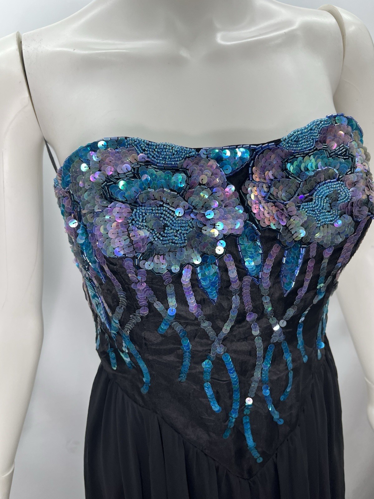 VTG Casadei Strapless Black Dress Sequins Chiffon Flowy Fairy Sz S
