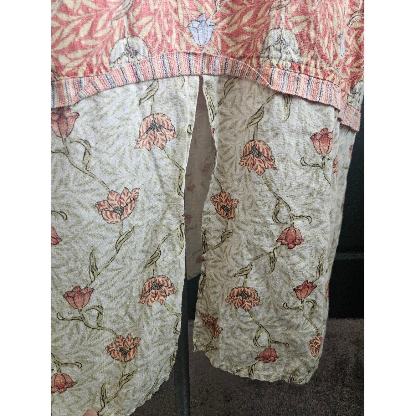Vintage Flax Coral Pink Linen Floral Midi Dress Women’s Medium Boho Cottagecore
