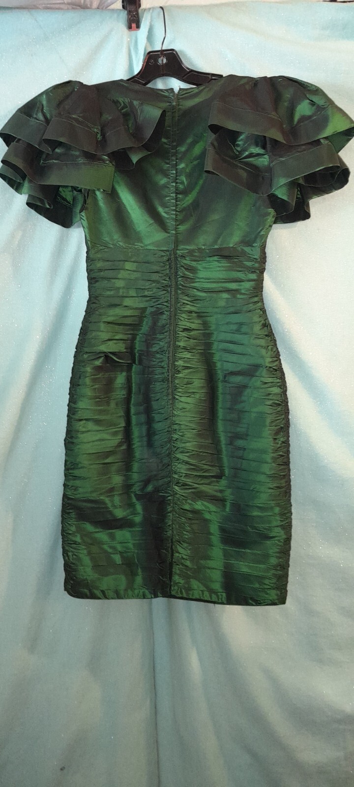 Vtg 80s Emerald Green TADASHI Pleated RUFFLE Wiggle Tafffeta Party Prom Dress S