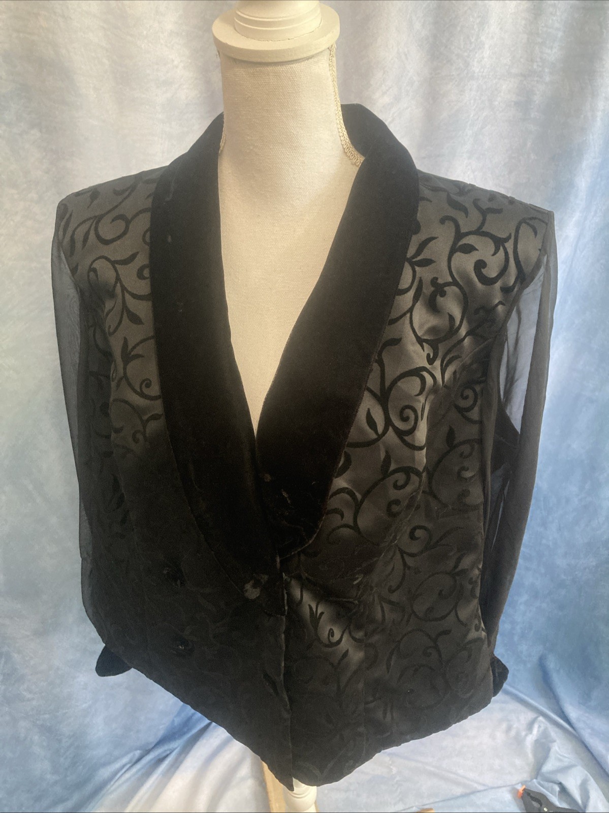 Vtg 80s 90s Victorian Goth JR Nites Black Velvet Flocked Sheer Sleeve Blazer 16W
