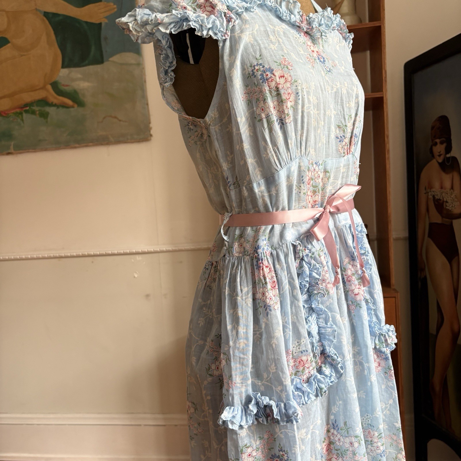 Vintage 1940s Blue Floral Cotton Voile Fabric Dress Ruffle Trim Summer