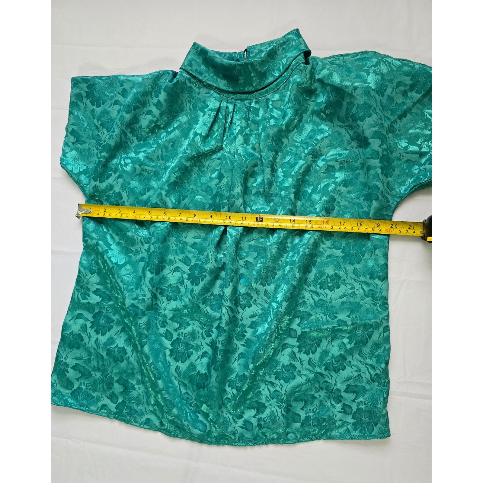 Cindy Collins Vintage Emerald Green Floral Jacquard Mock Neck Blouse Large USA
