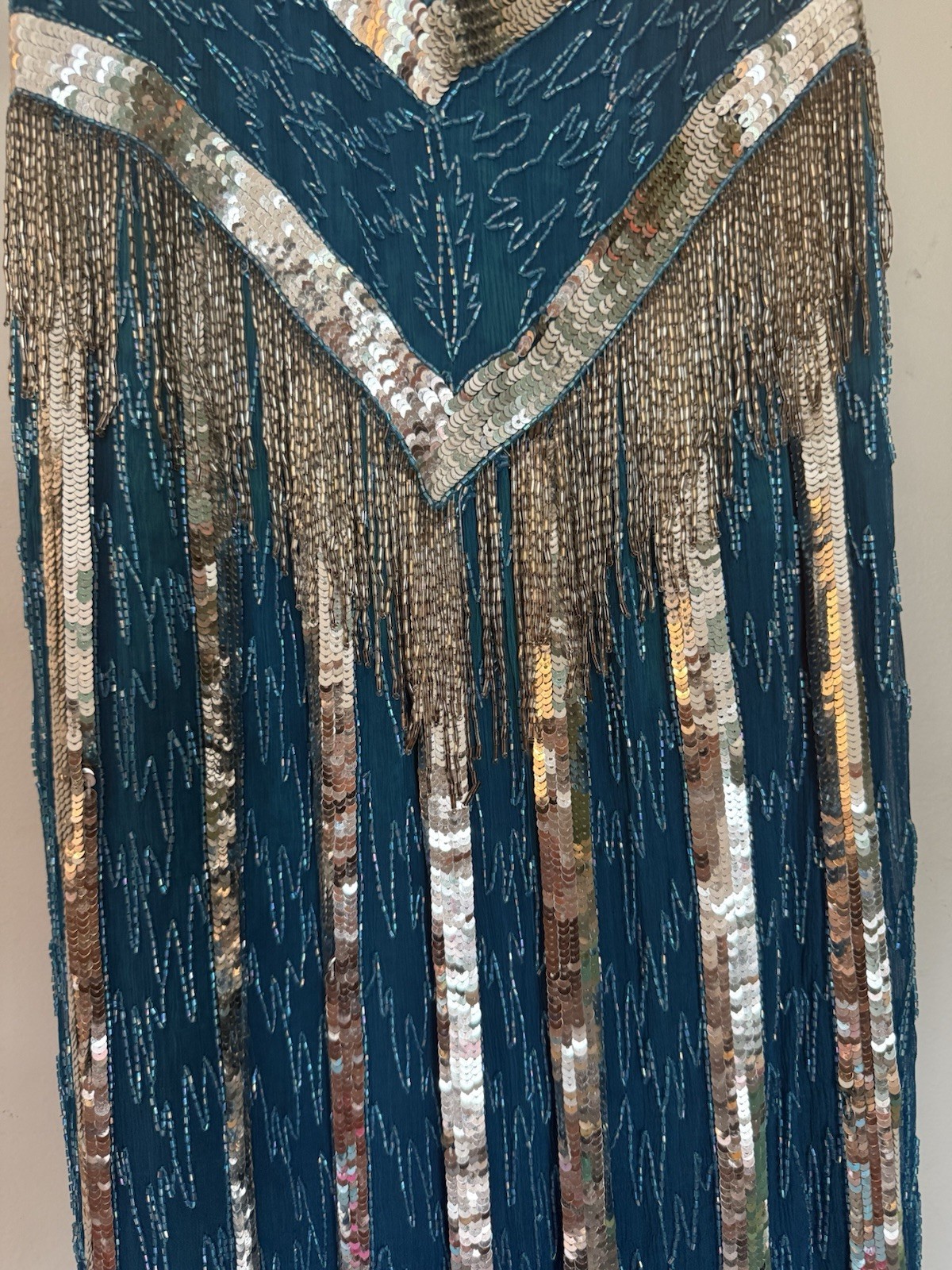 Vice & Versa Silk Beaded Sequin Fringe Dress, Blue/Silver, Size S