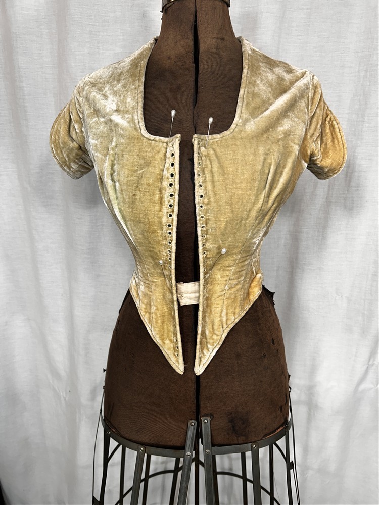 antique bodice lace front pierrot jacket gold velvet stiff bones replica1780s