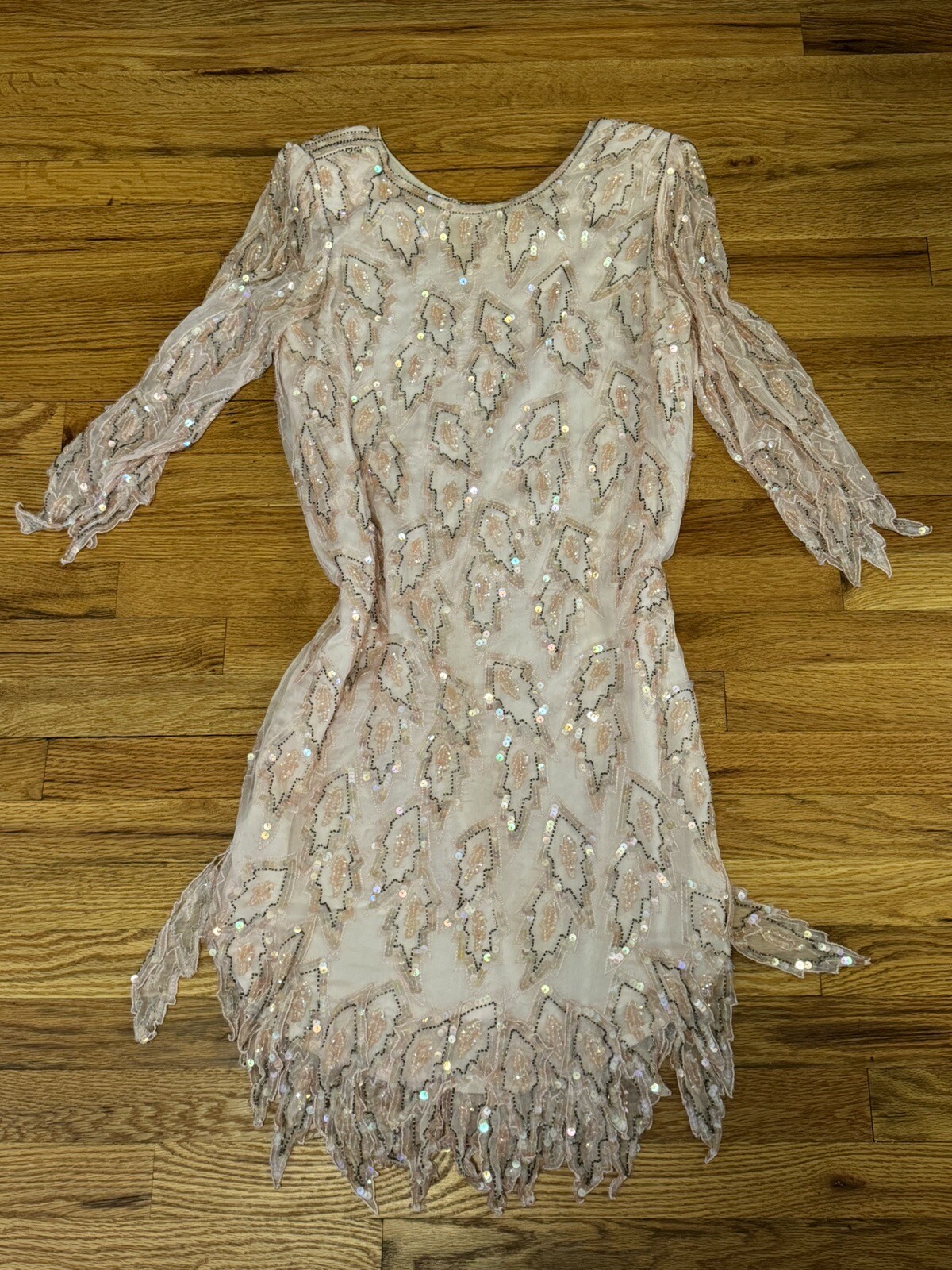 Vintage Carina Pink Sequin Beaded Silk Dress Handkerchief Overlay Hem Size Small