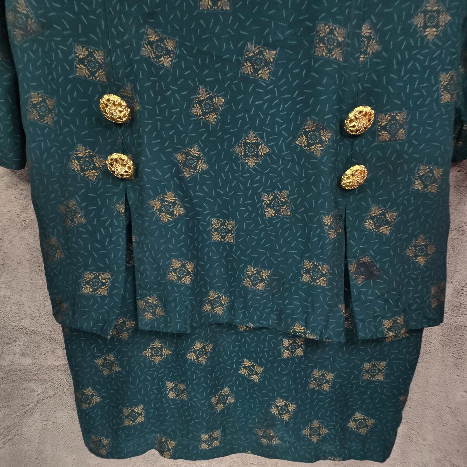 Vintage Michael B Ltd 80s Suit Dress Womens 10 Green Gold Buttons Shoulder Pads