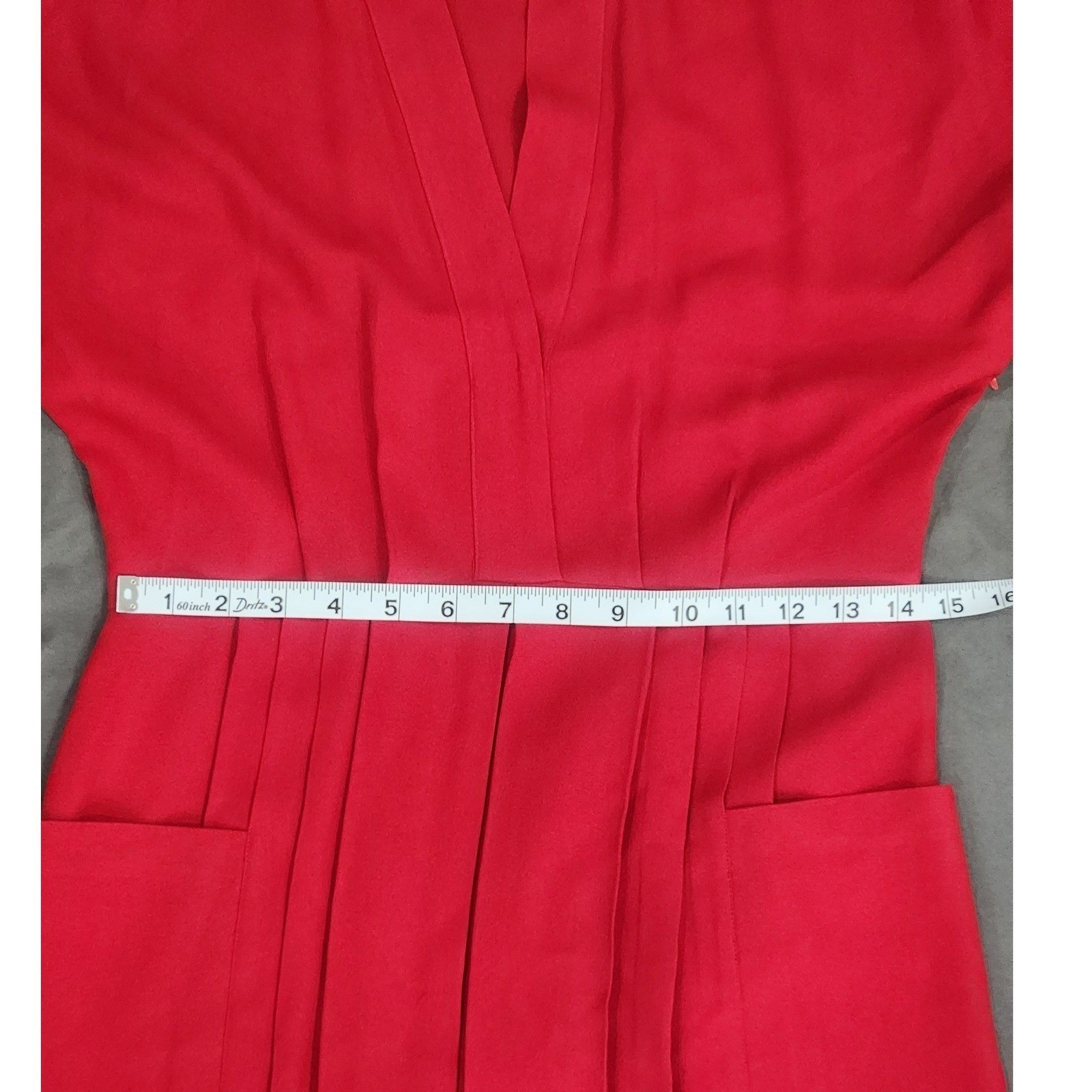 Norma Kamali Vintage Red Pleated V-Neck Midi Dress with Pockets Size 42 US 10
