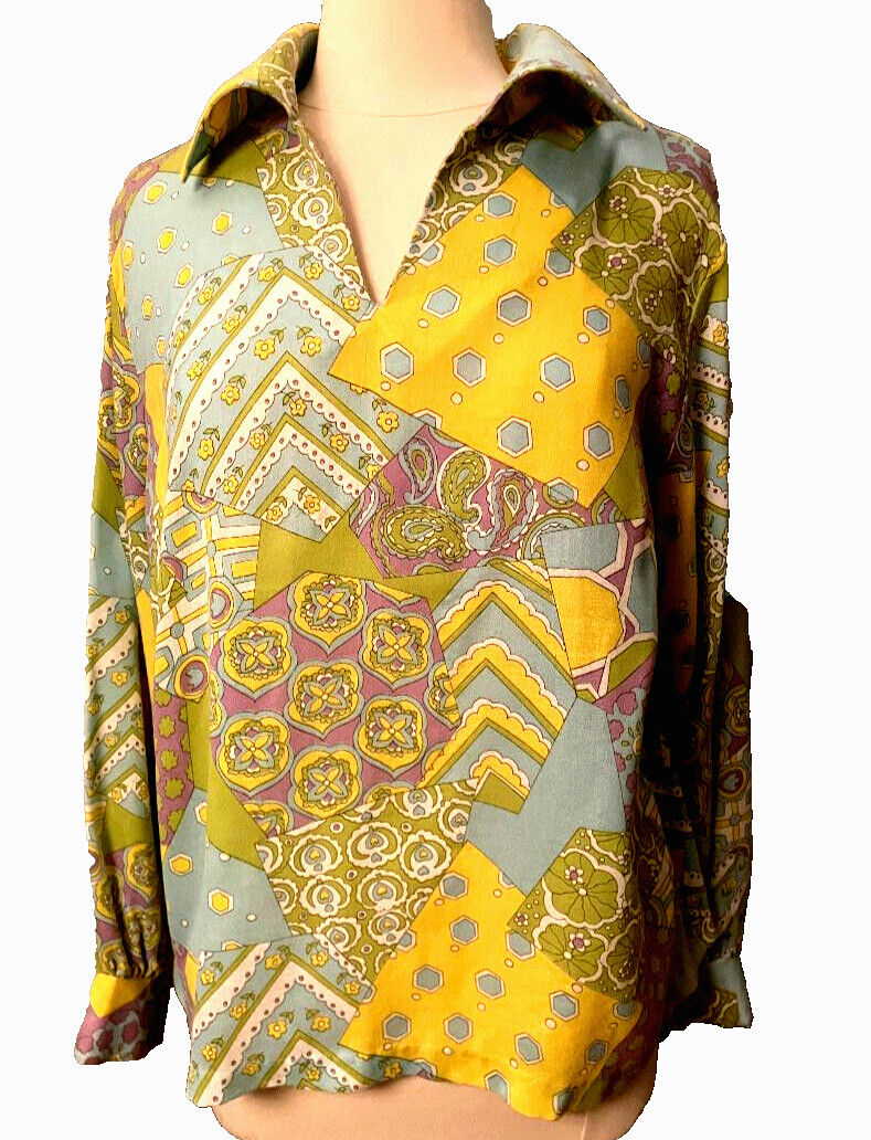Mellow Yellow mod 1960s vintage psychedelic paisley shirt L/XL split collar