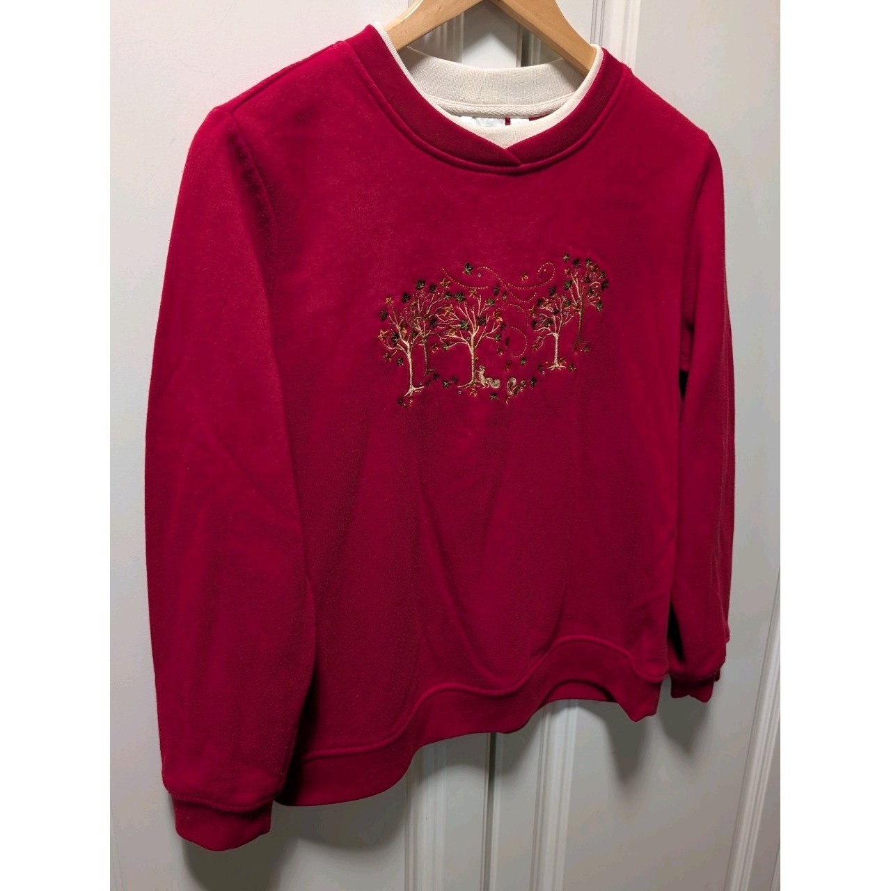 VTG Studio Works Womens Petite LG Red Fall Crew Neck Pullover Embroidery Leaves
