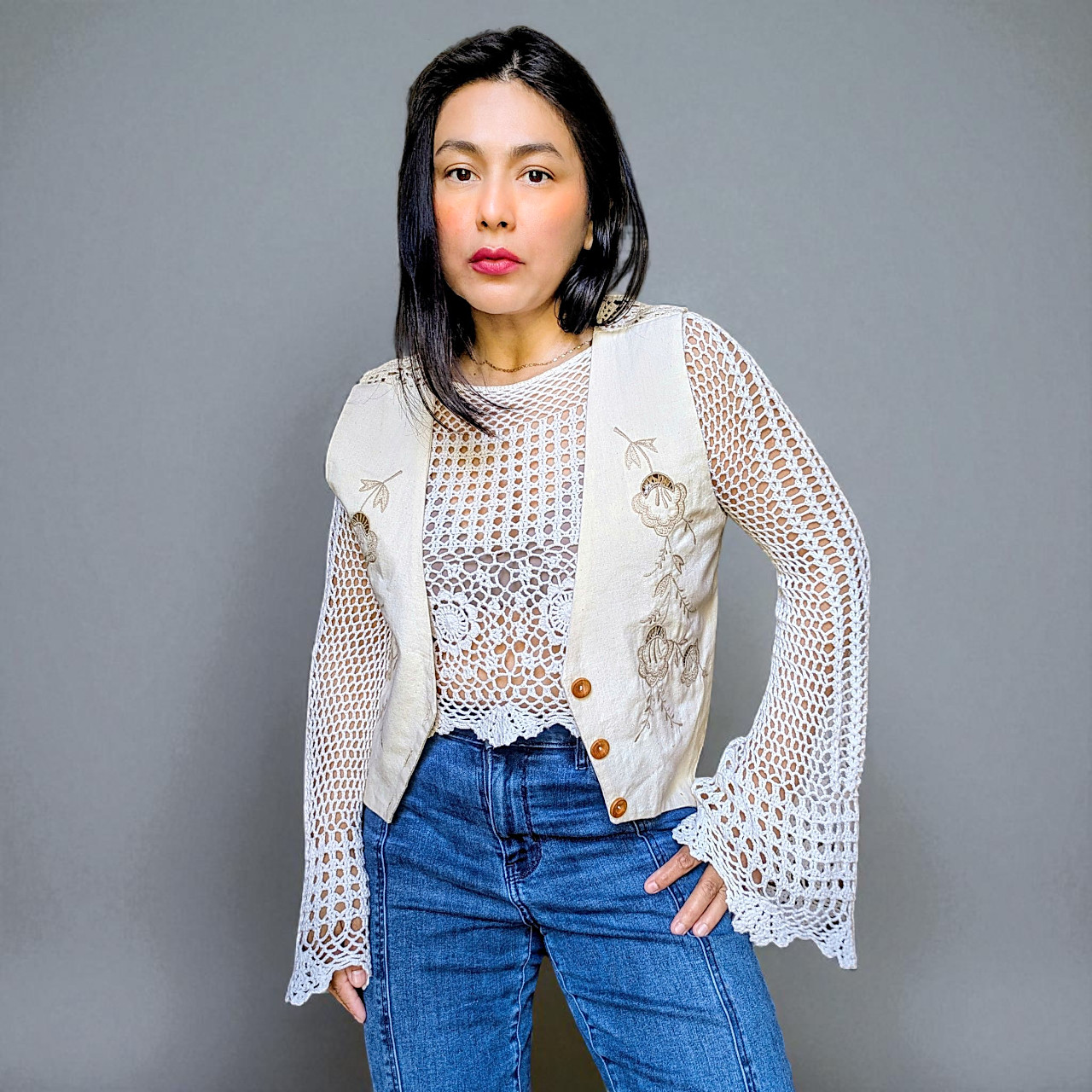 Vintage handmade bespoke floral embroidered crochet neutral beige cottage vest