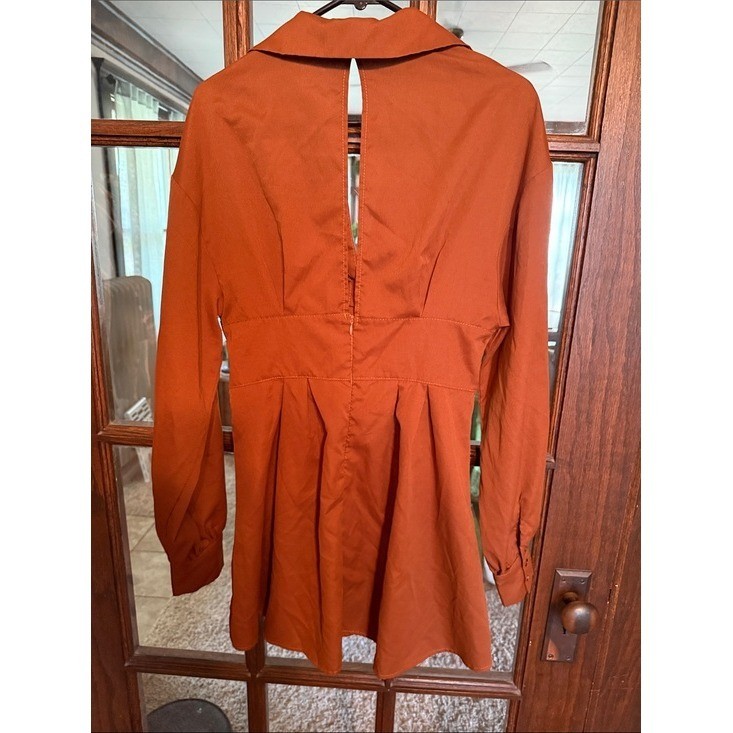 Terracotta Rust Lace Up Corset Mini Dress Long Sleeve Open Back Women Large