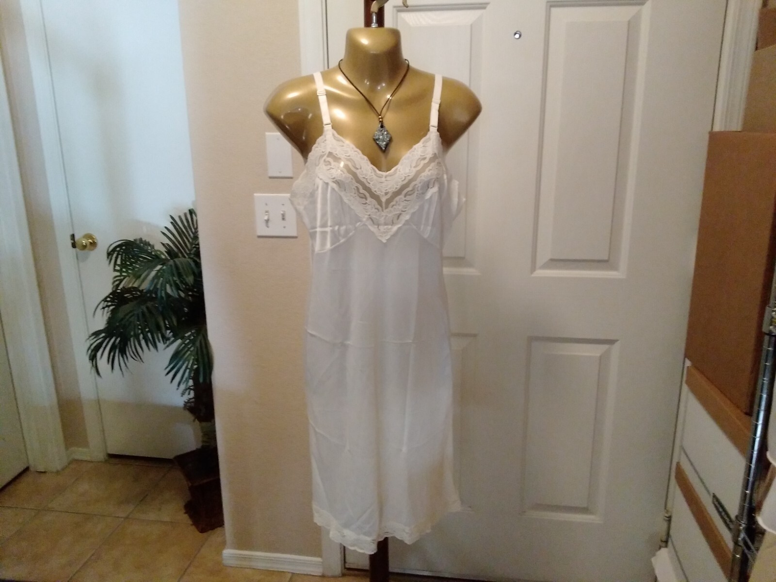 Vintage Full Slip Dress Chemise European SZ S-M Cream Ivory w/ Lace Trim