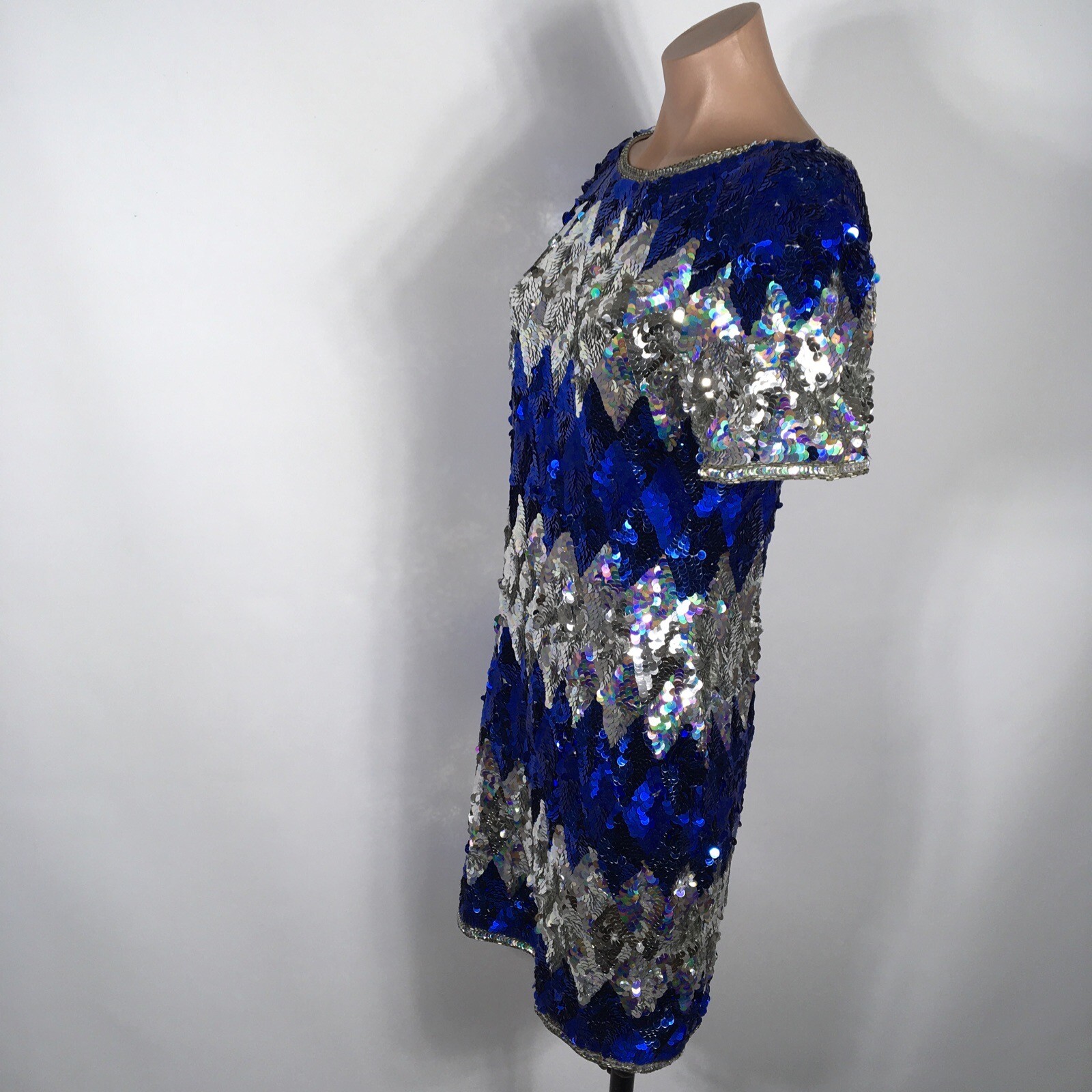 Vintage Iridescent Sequin Low Open Back Party Dress Mini Beaded – Size M