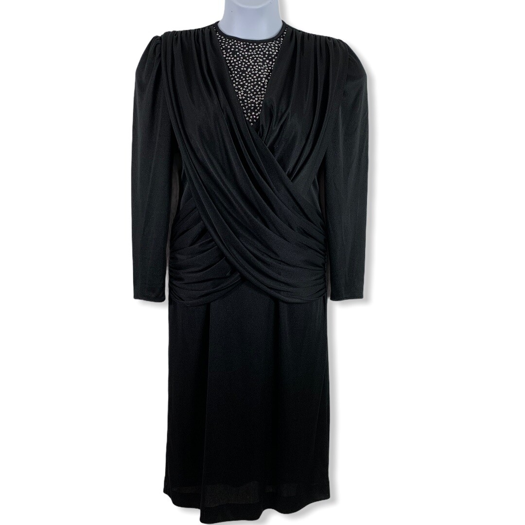 Vintage Dress Size 8 Formalwear Knee Length Black Silver Glitter Ruched Amy Deb
