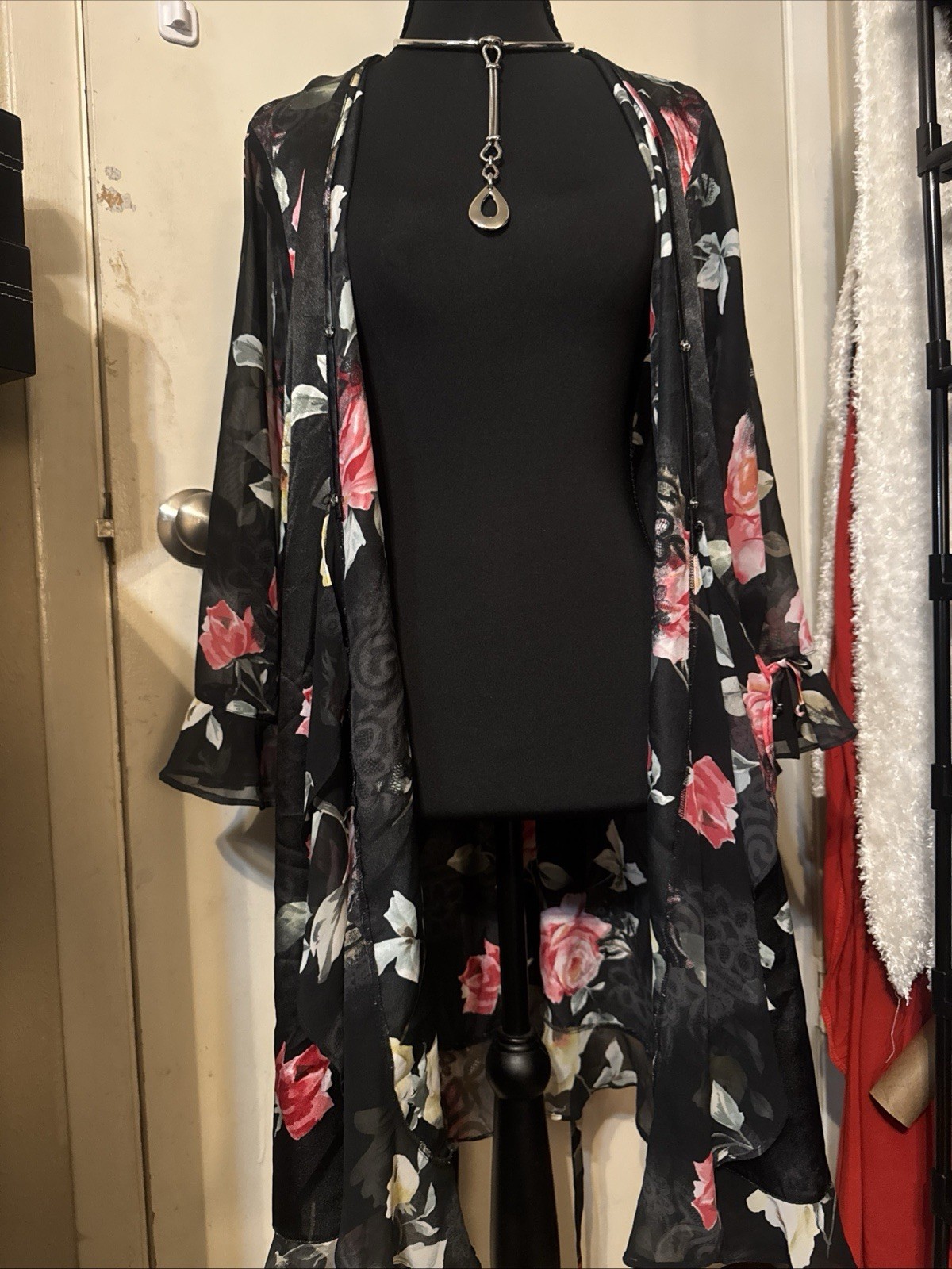 VTG Oscar De La Renta Pink Label Y2K Black Floral Rose Silky Kimono Bath Robe S