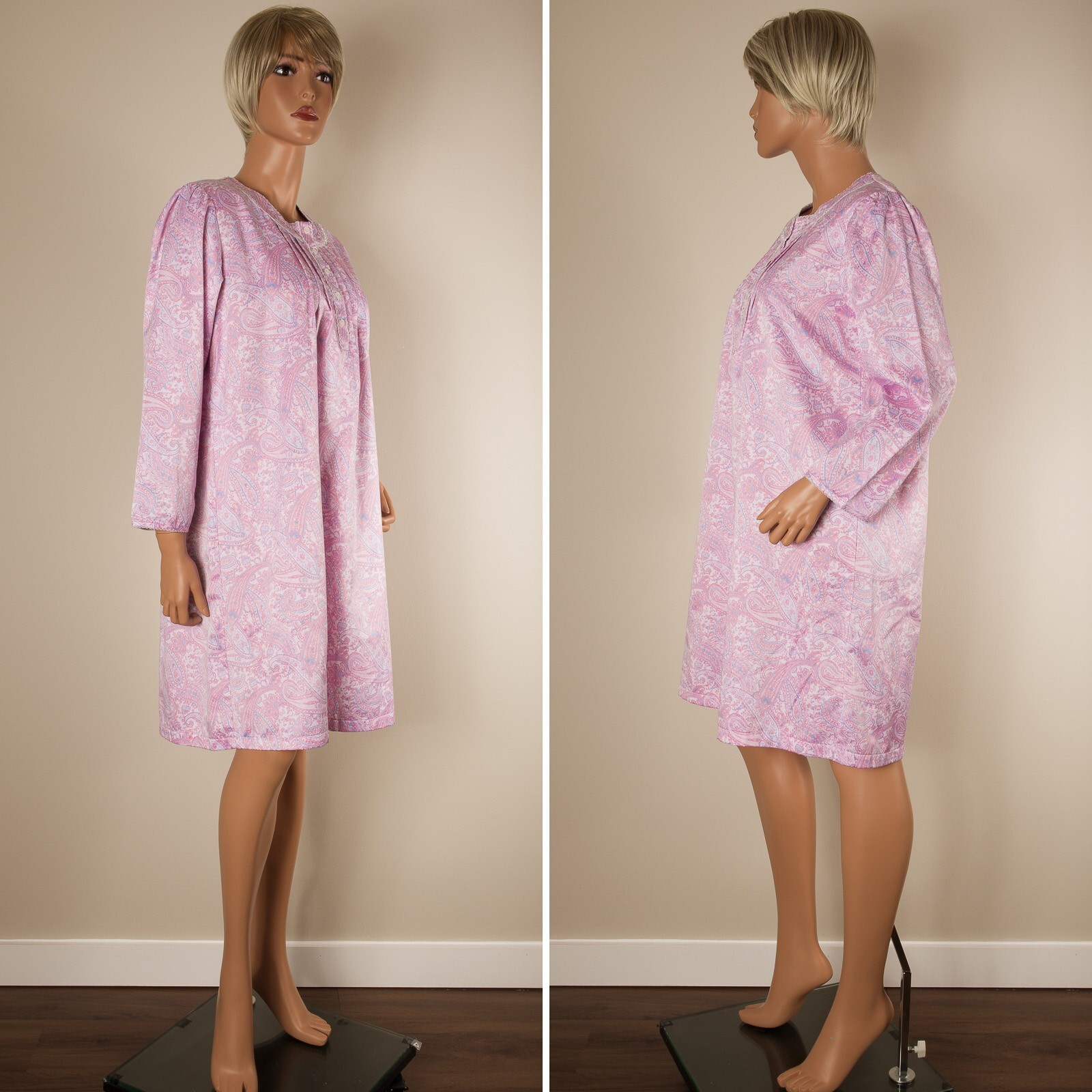 💖 MISS ELAINE Petites Pink Satin Nightgown Paisley Long Sleeve PM