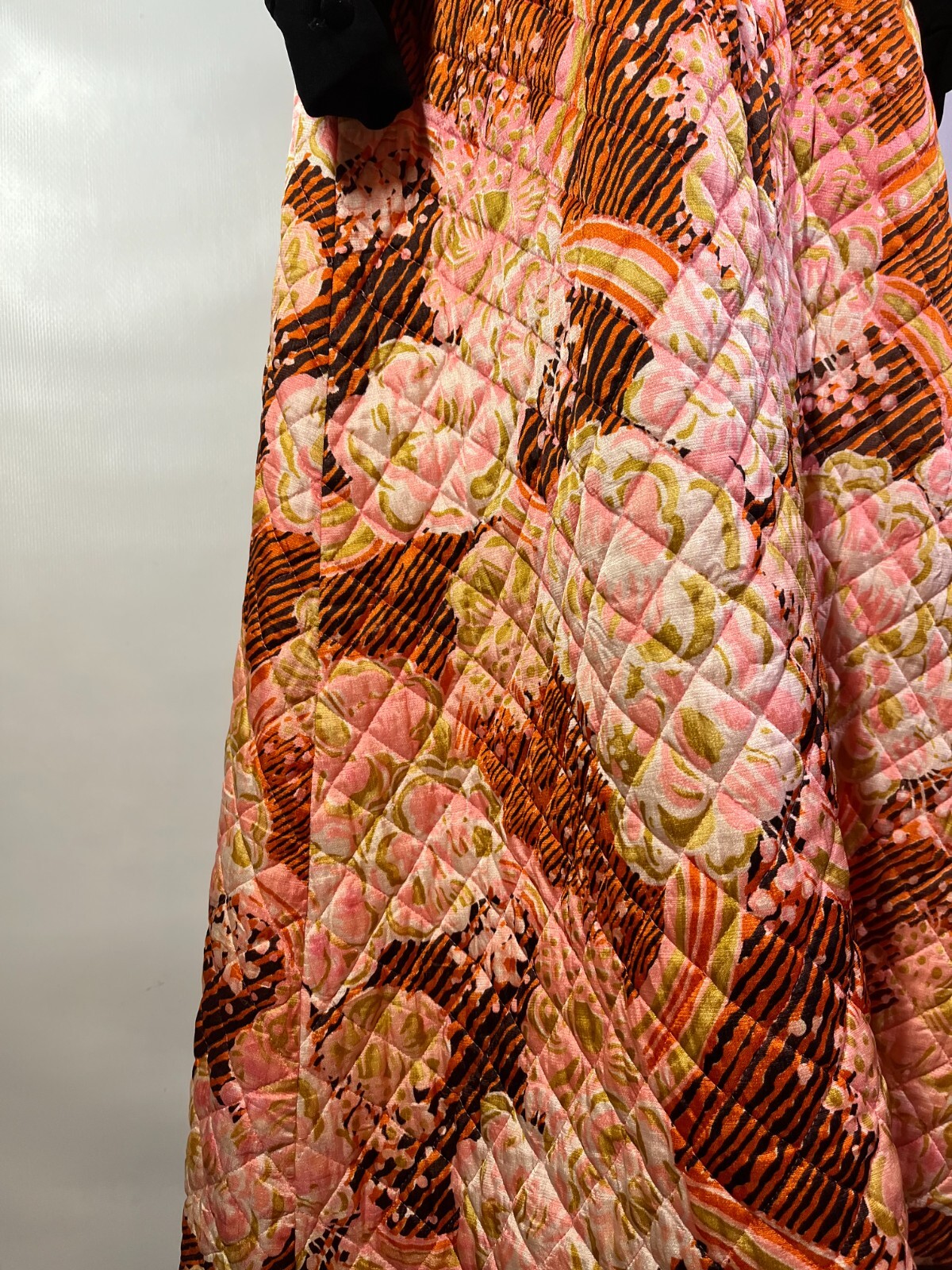 Vintage 1970s Maxi Dress Quilted Skirt Black Pink Orange Hostess