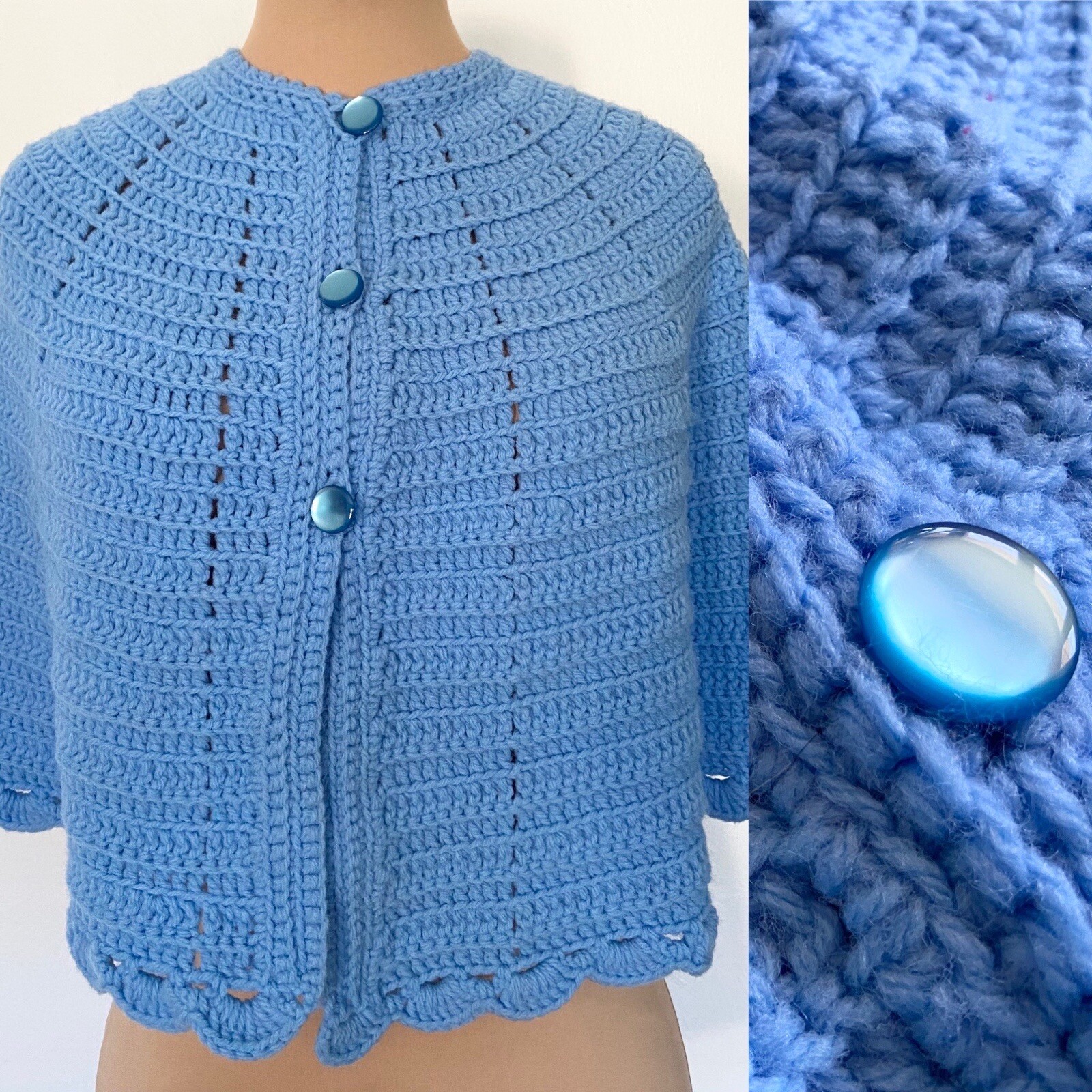Vintage Blue Crocheted Cape Short Cable Knit Boho Hippie Wedding Bridal Capelet