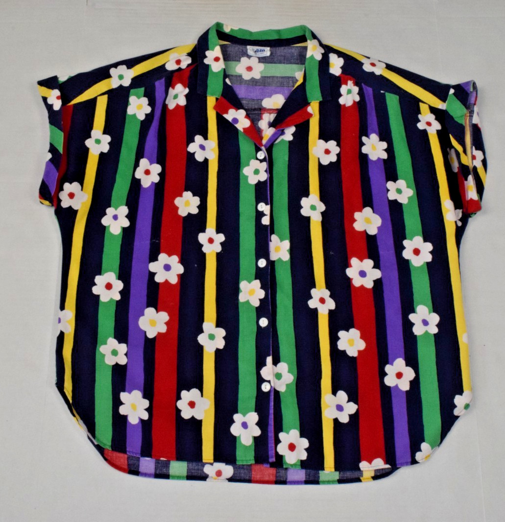 Vintage Top AM Casuals One Size 80s Rainbow Stripe Daisy Collared Tunic Top