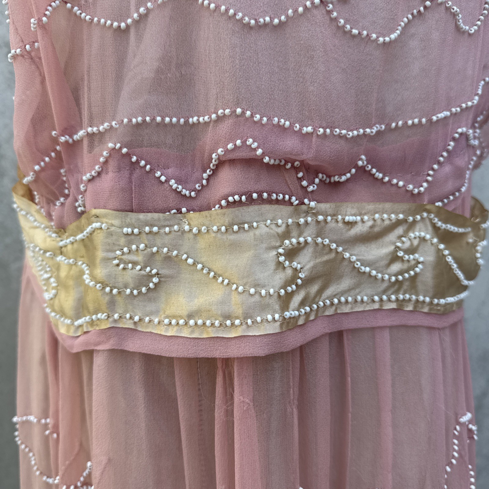 Antique 1920s Pink Silk Chiffon Dress Beaded Waves Oppenheim Collins Vintage