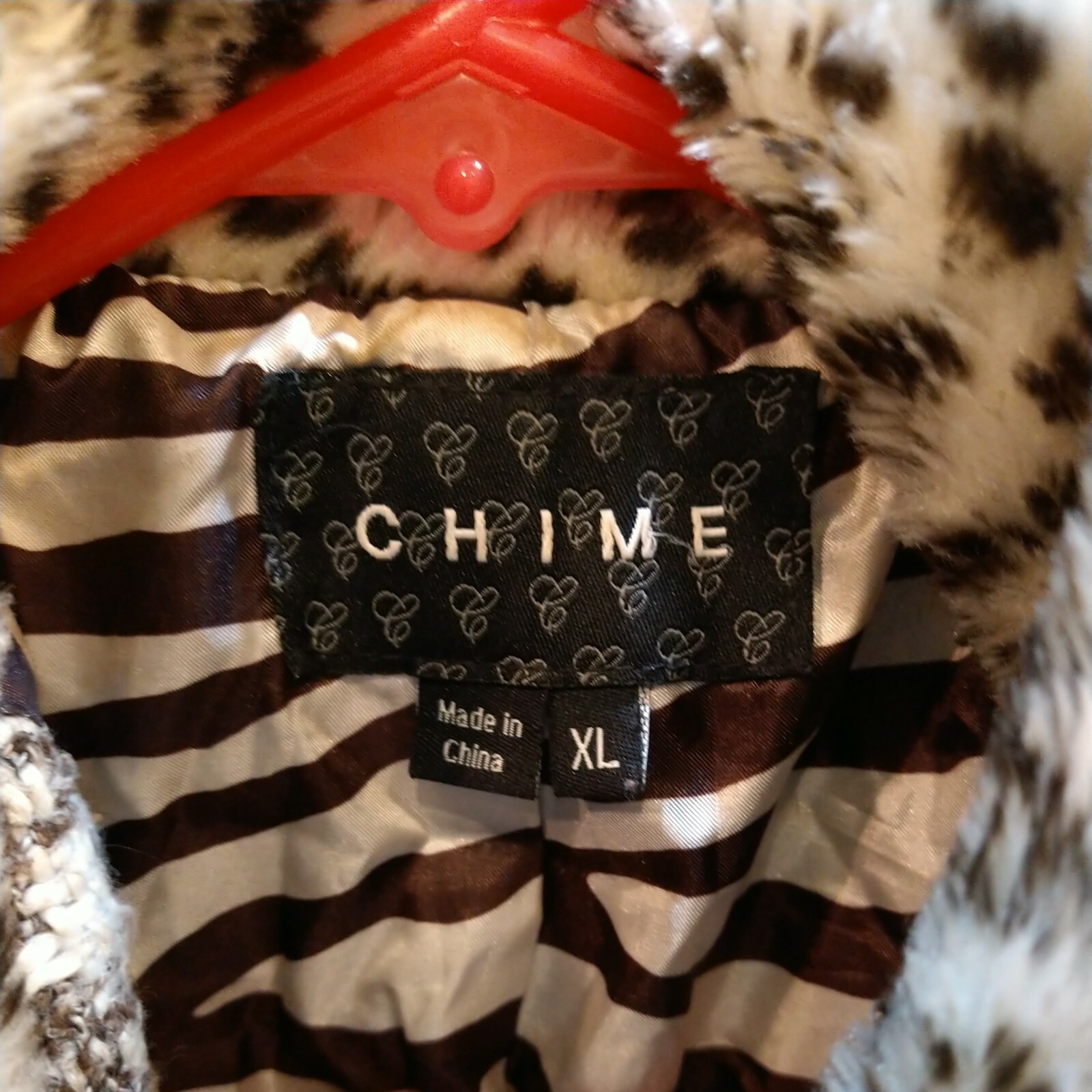 Chime Women Brown Plaid Boho ArtsyCoat Faux Fur Trim Zebra Lined Unique VTG XL