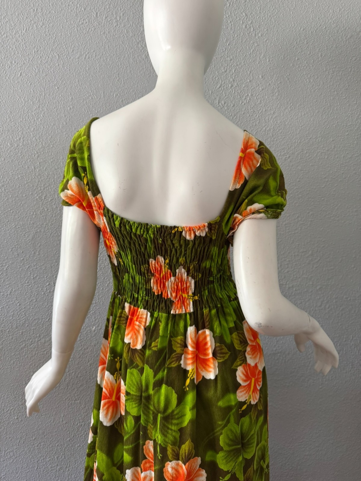 Vintage 60s Psychedelic Green Tropical HAWAIIAN Barkcloth Maxi Hippie Dress M