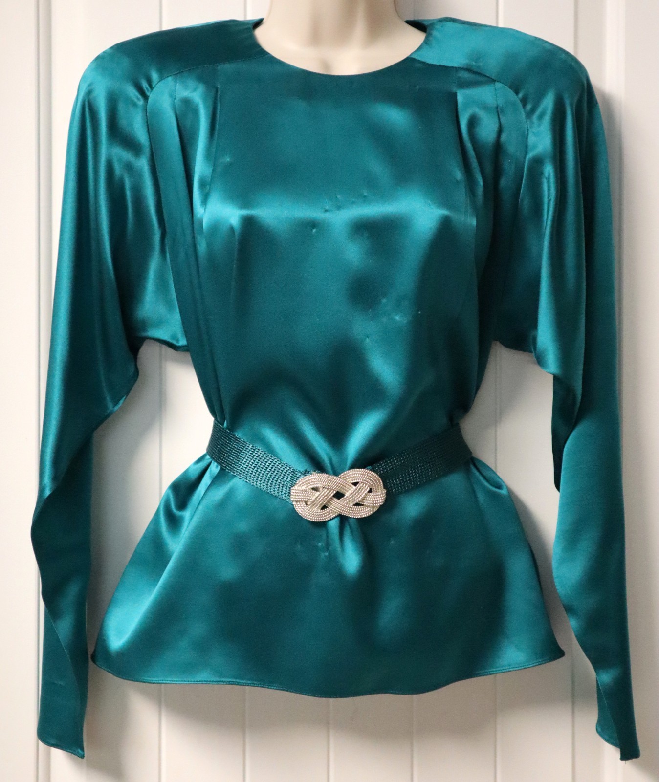 Vintage 1980s long sleeve teal blouse size M/L (check measurements)