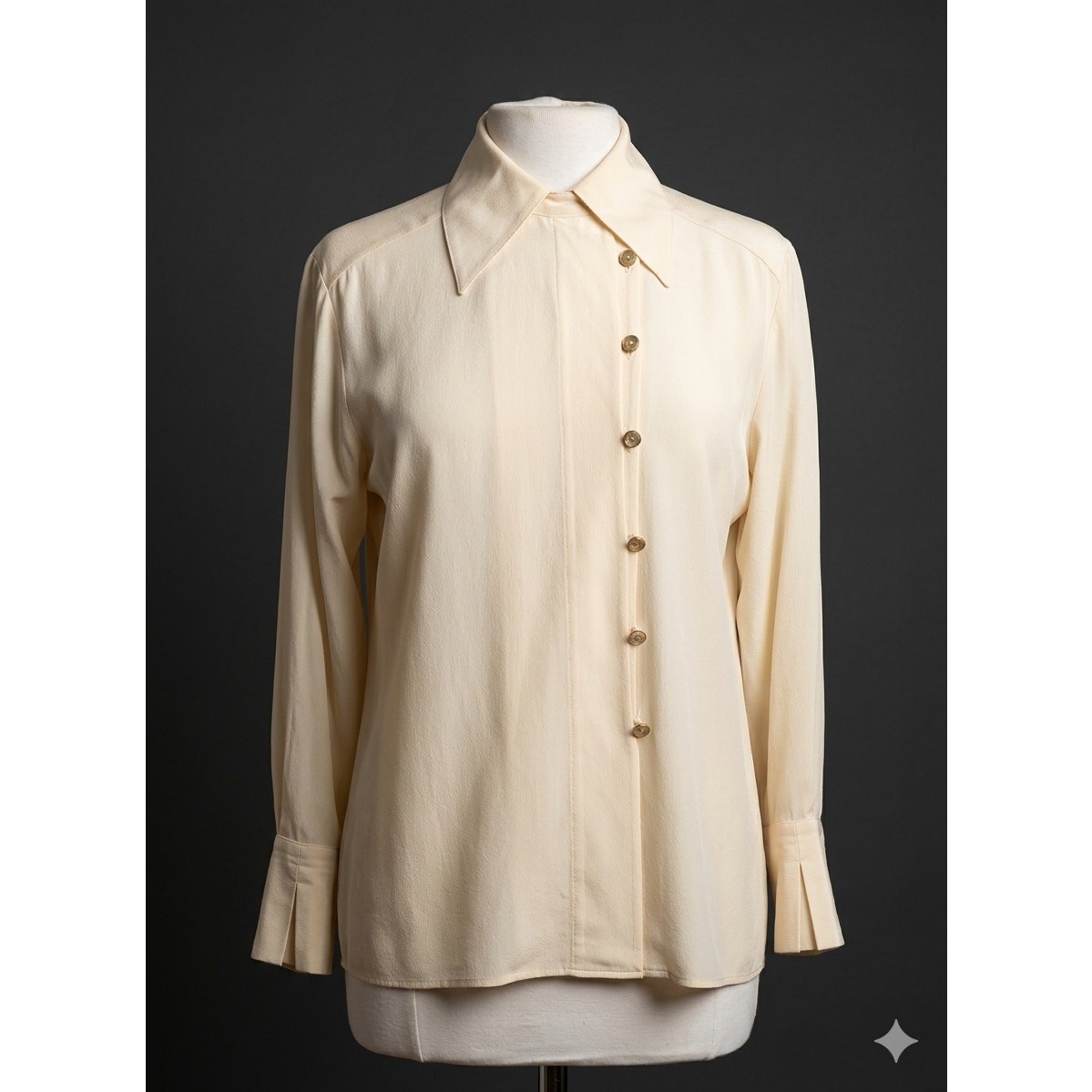 Vintage 1980s Karl Lagerfeld Blouse Cream Silk Shirt Asymmetric Button Down Med