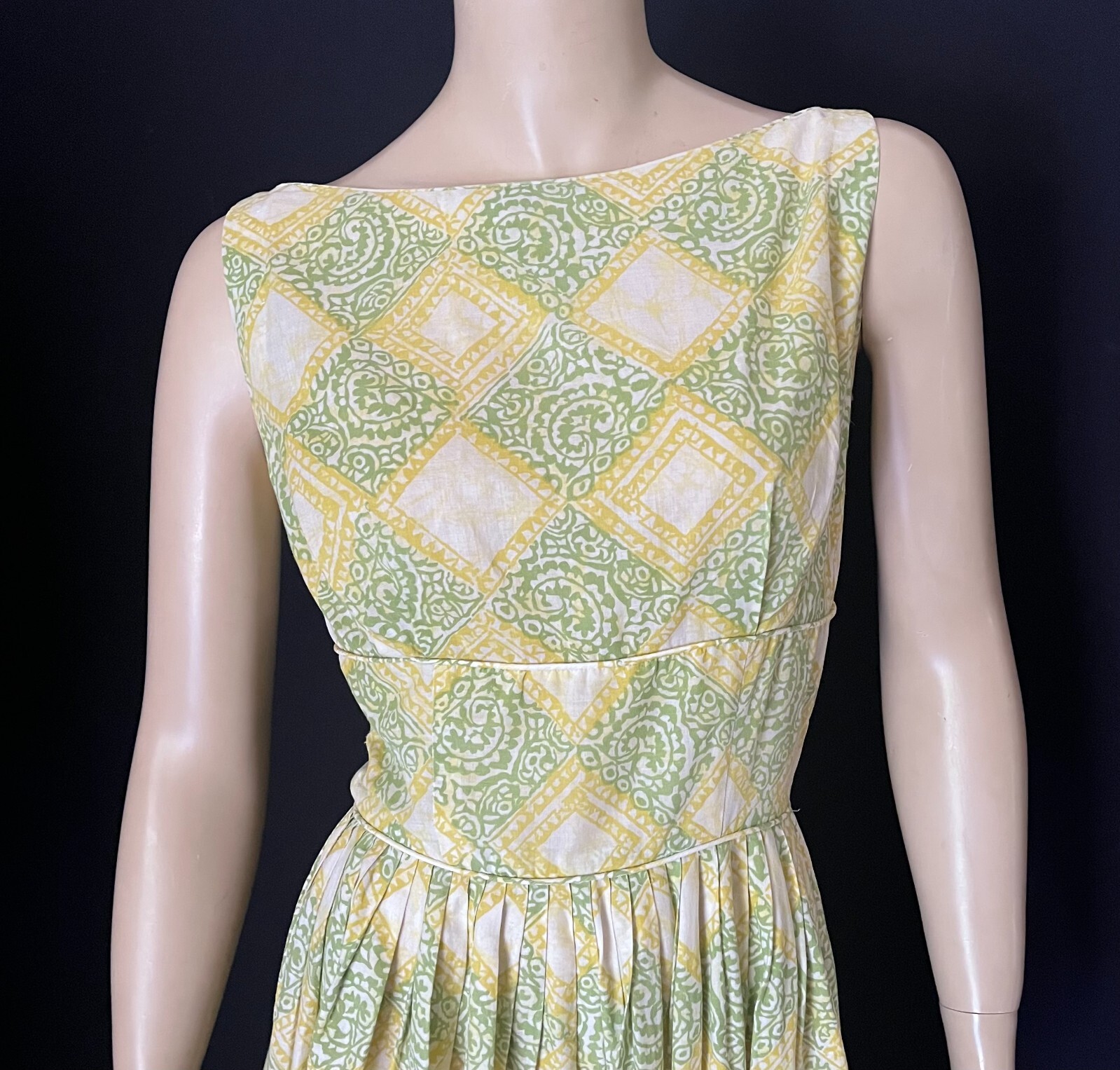 Darling 1950s Cotton Summer Frock, Yellow & Green Print, Petite, Small, VLV