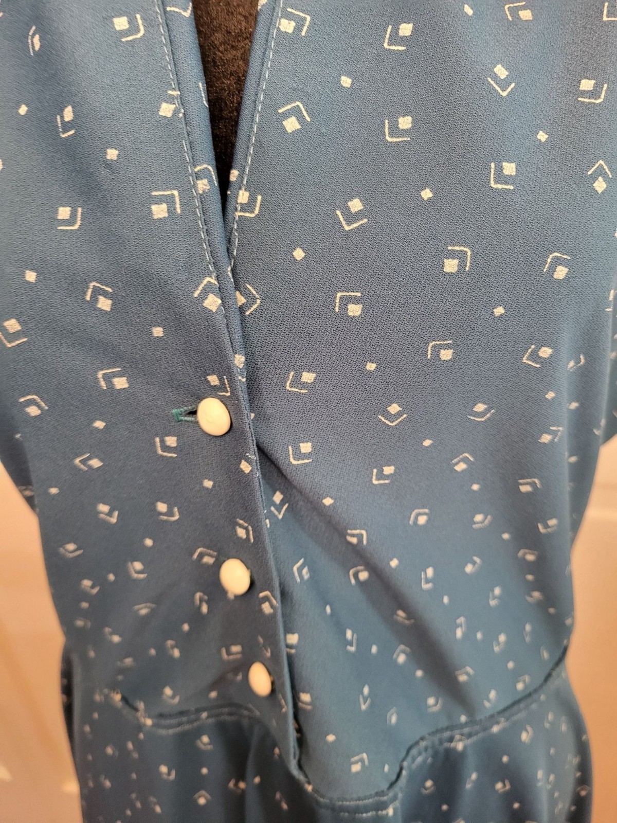 Vintage 70s/80s Teal Geometric Print Shirt Waist Dress 14 Trad Wife Retro Twee