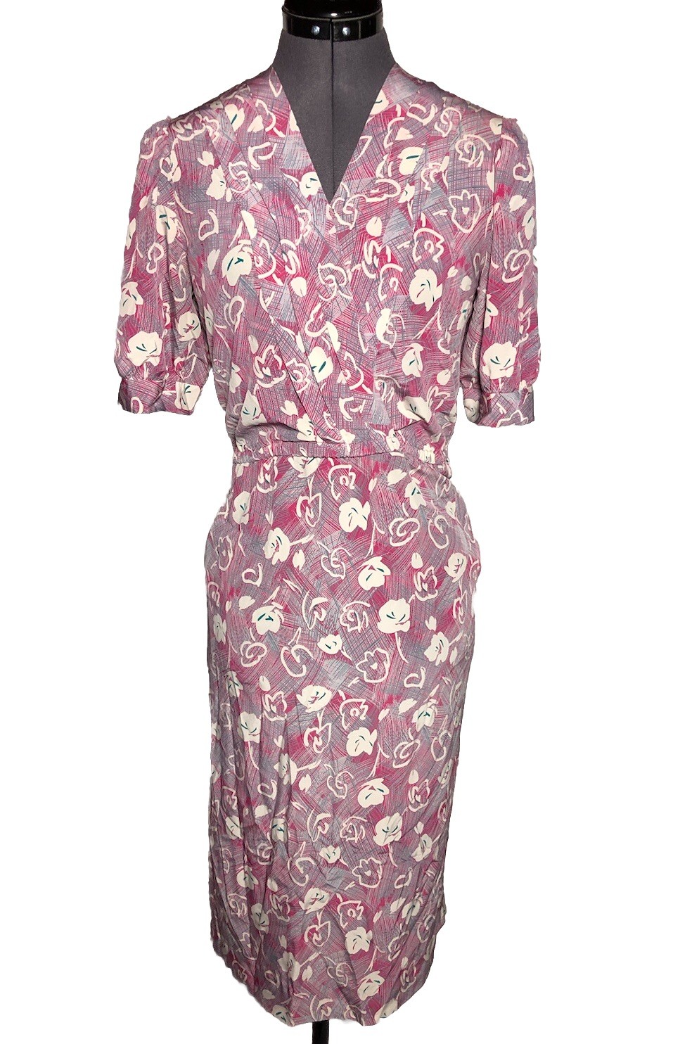 Vtg 80s Abstract Floral Secretary Dress Snap Front Pink Print 38-36-38 M
