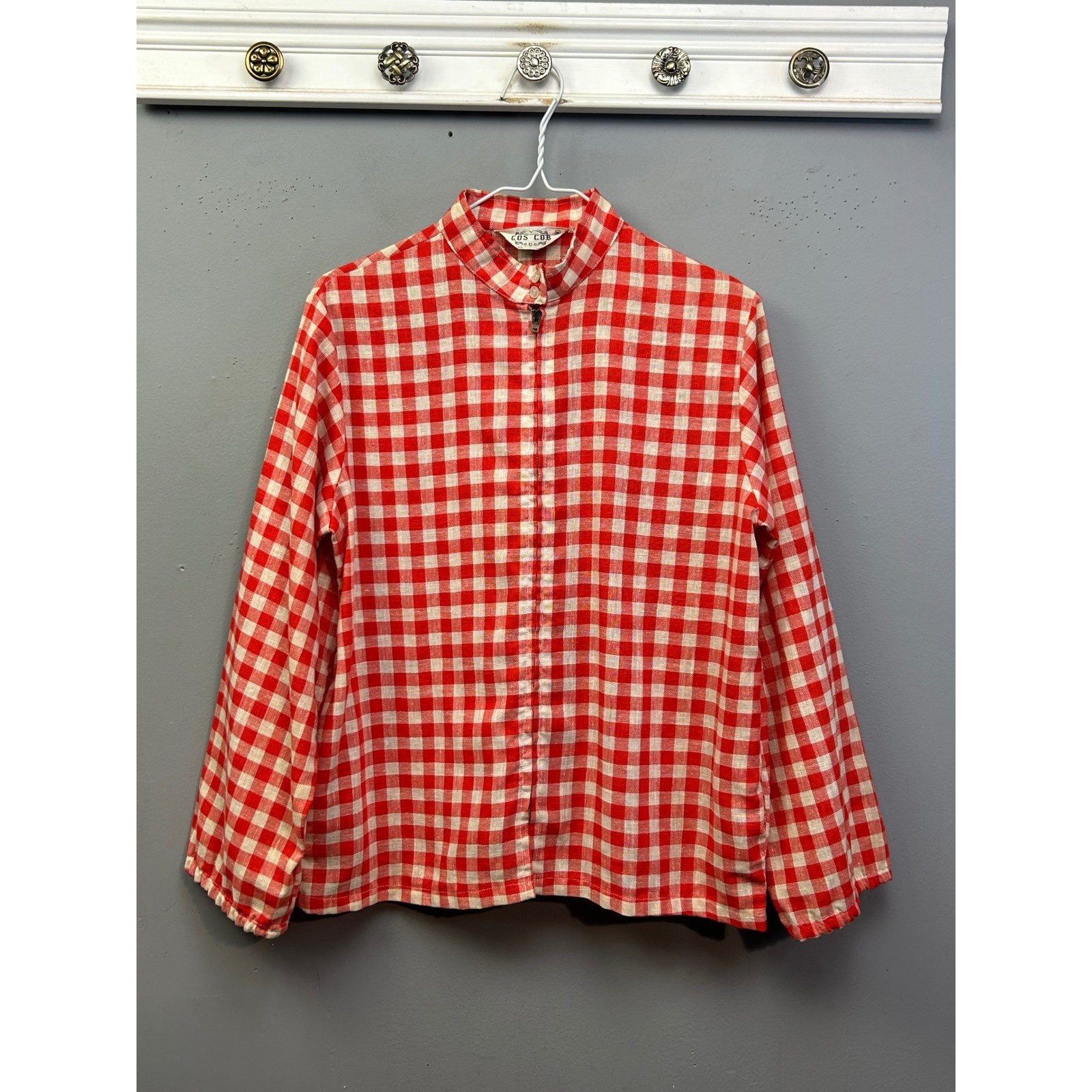 Cos Cob Blouse Women Medium Red Gingham Zip Up Mock Neck Long Sleeve Vintage