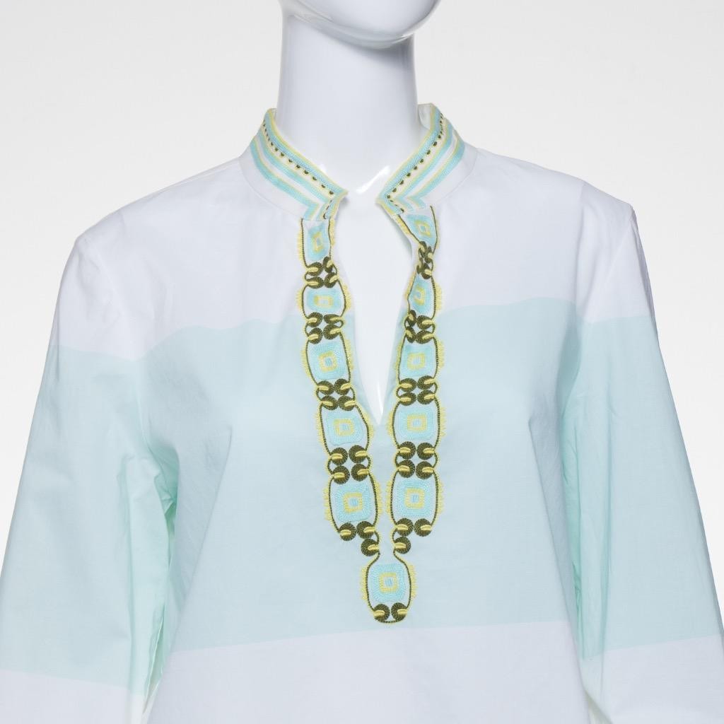 Tory Burch Mint Green Embroidered Cotton Tunic Blouse Loose Fit 14