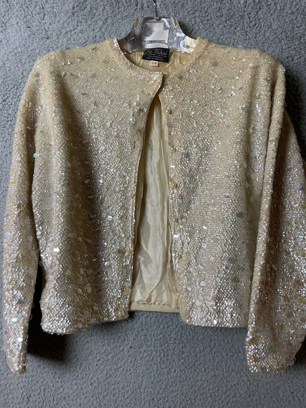 Vintage De Vahni Ivory Sequin 38 Wool Sweater Cardigan Faux Pearl Buttons VTG
