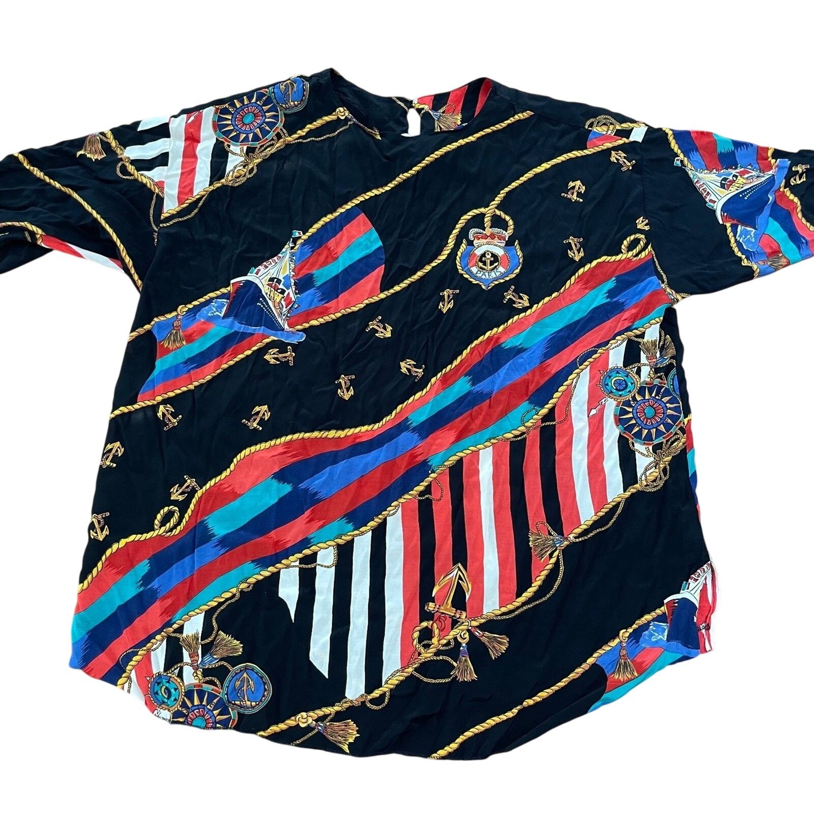 C.M. Shapes Black Nautical Anchor Rope Print Oversized Top 3XL 80s Vintage