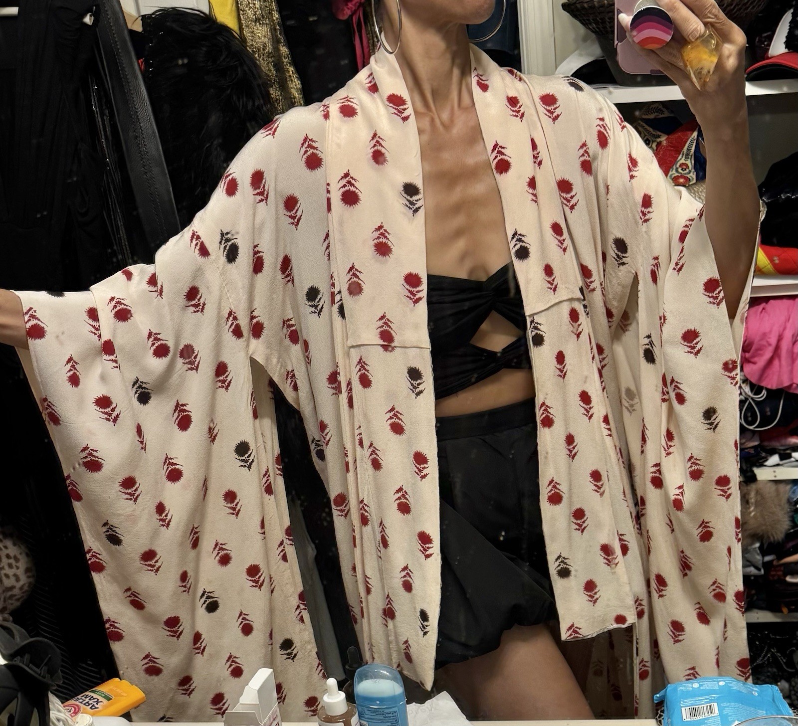 Vtg Kimono Silk Crepe Extreme Long Sleeves Duster Jacket Robe Off White Red