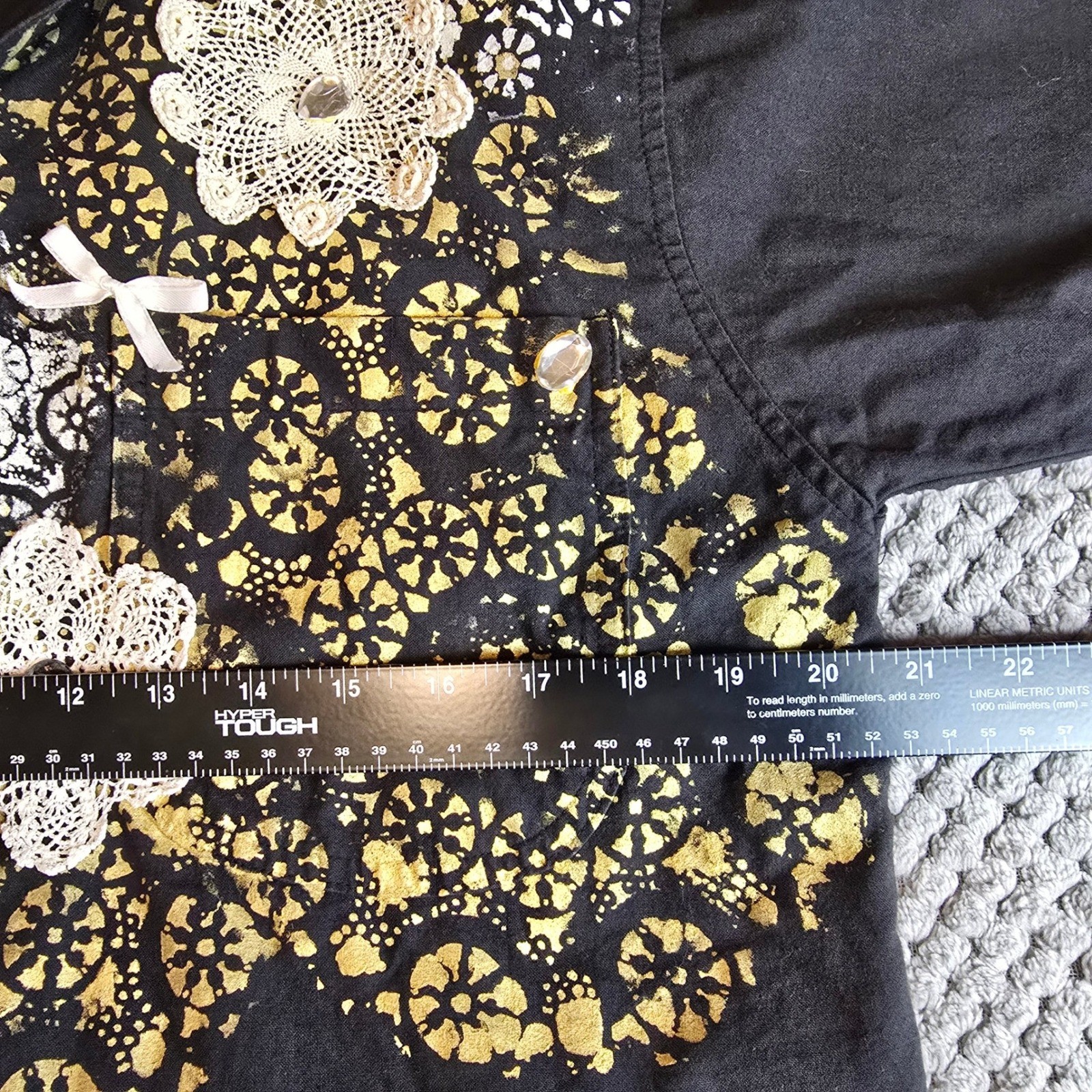 Vintage 90s Sunbelt Black Gold Lace Print Bedazzled Crochet Patch Top Small