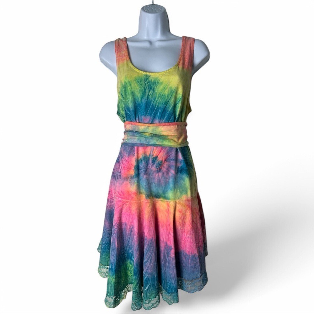 InGear – Women’s Vintage Neon Tie Dye Swing Dress Belted Lace Hem 90s – Sz. L
