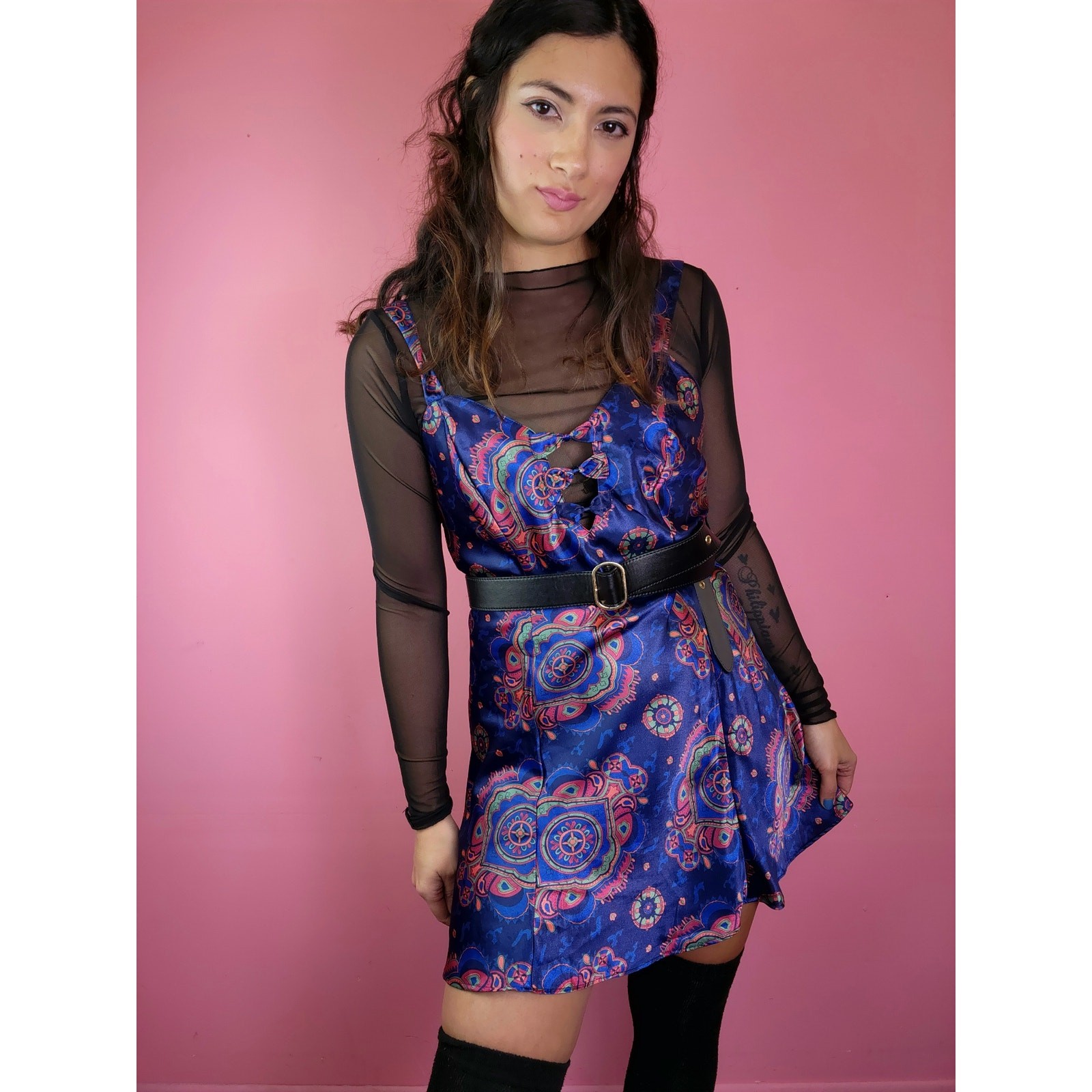 M to L Vintage 1990’s Liquid Satin Blue Pink Slip Dress Peek-a-Boo Bow Bodice