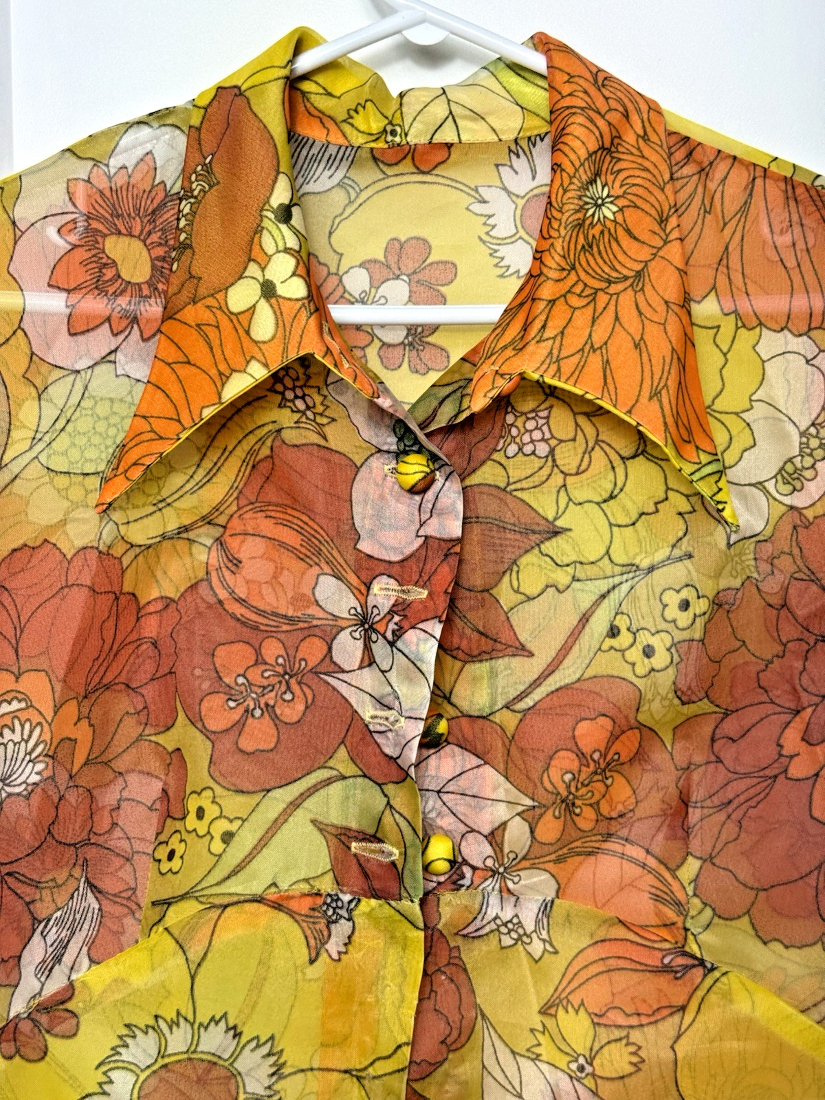 Vtg 60’S Groovy Orange Yellow Sheer Floral Maxi Dress Stiff Chiffon Long Jacket