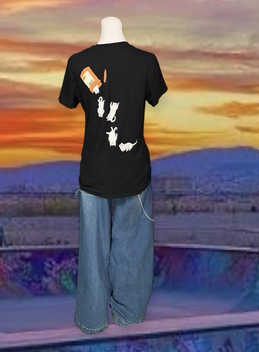 VTG RIPNDIP M COTTON WOMENS T-SHIRT CAT PILL BOTTLE NARCOTICS DRUGS SKATER TEE