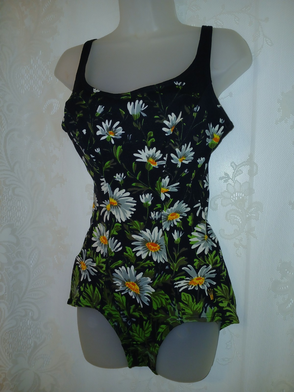 Vintage 60s Daisy Print Mod Bathing Suit Swimsuit Tiki Oasis Pinup Rockabilly M