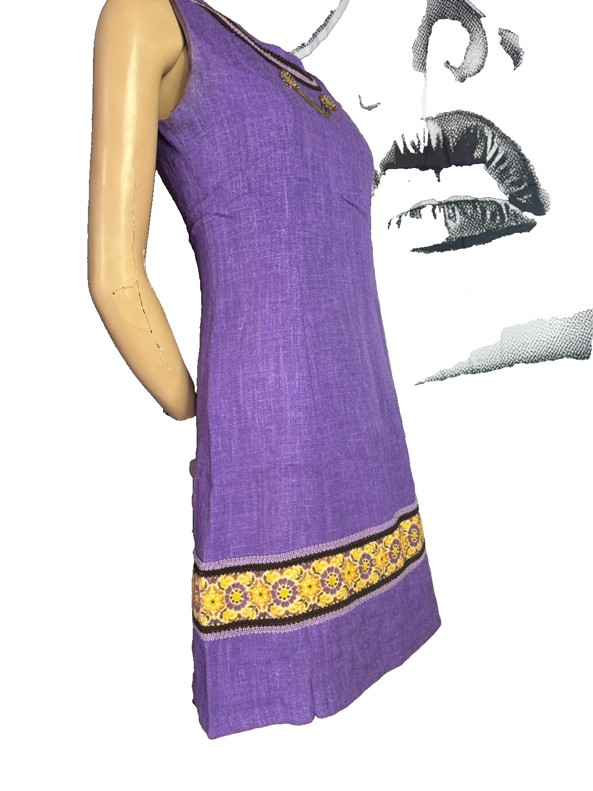 Vintage 60s 70s Perry Boutique Dress A Line Boho 36 38 Purple Reyon