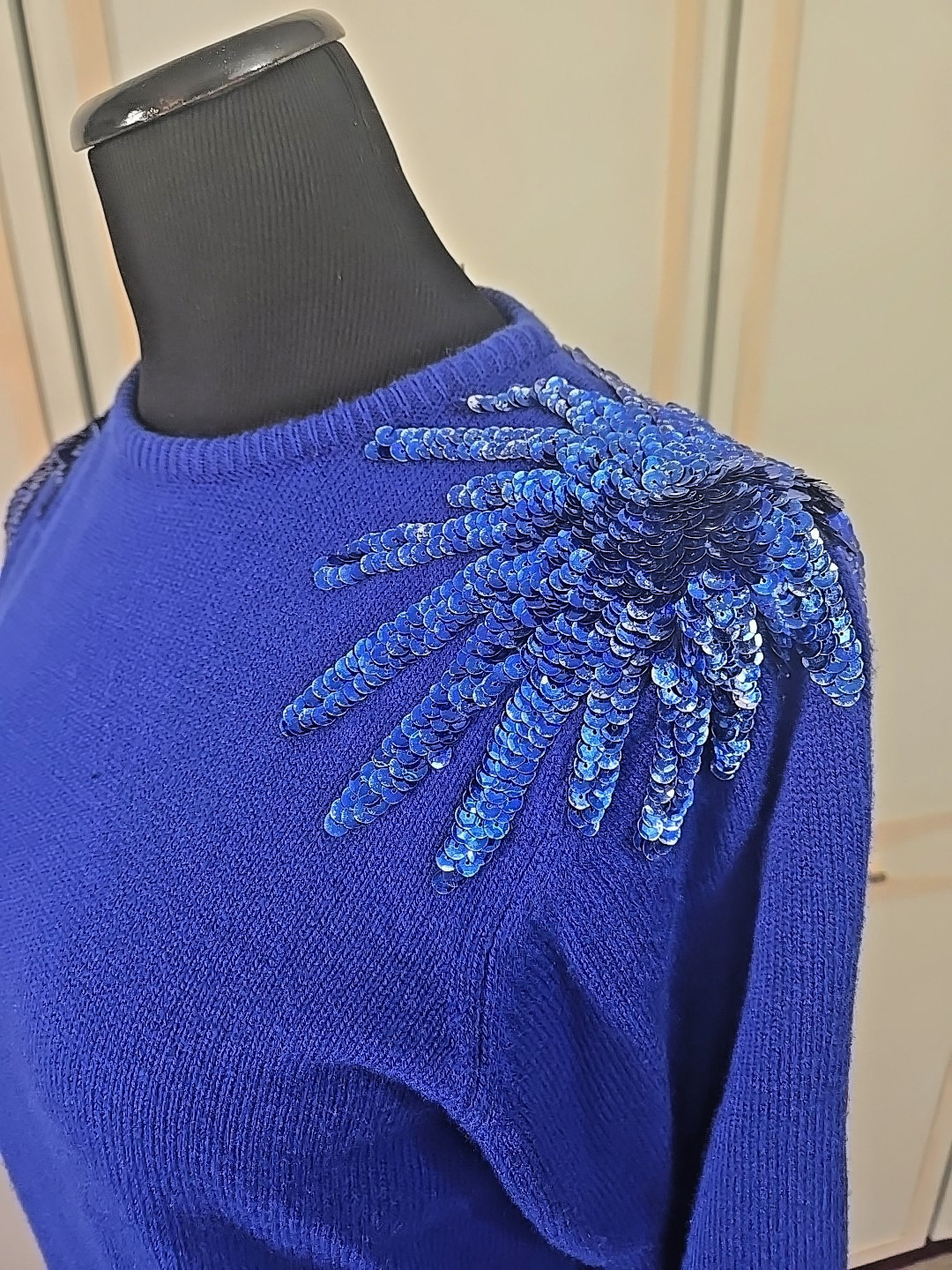 Vintage 80s Blue Sweater Dress by Plain Jane~ Knee-Length, Sequin Details, M